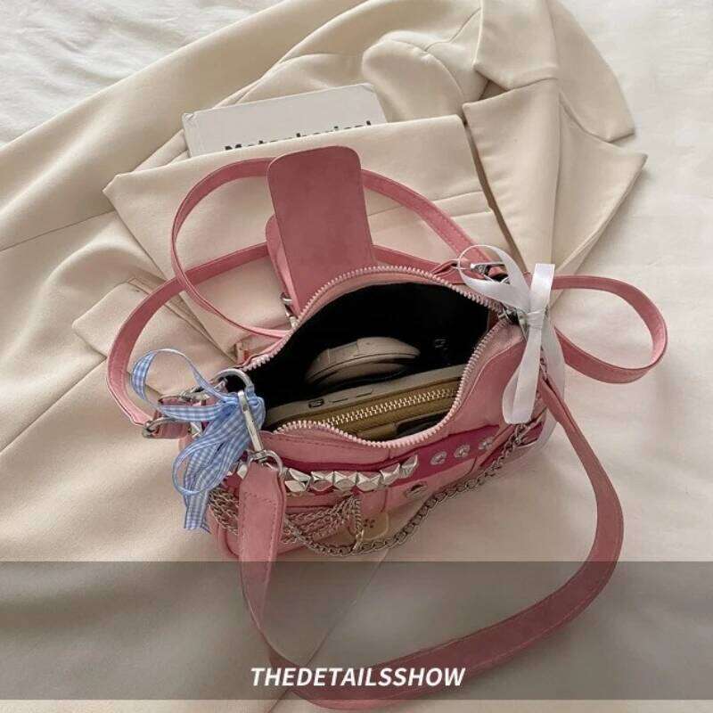 Y2k Retro Womens Chain Shoulder Bags PU Leather Ladies Small Underarm Sweet Bow Star Trend Female Crossbody Bag Handbags Y260205