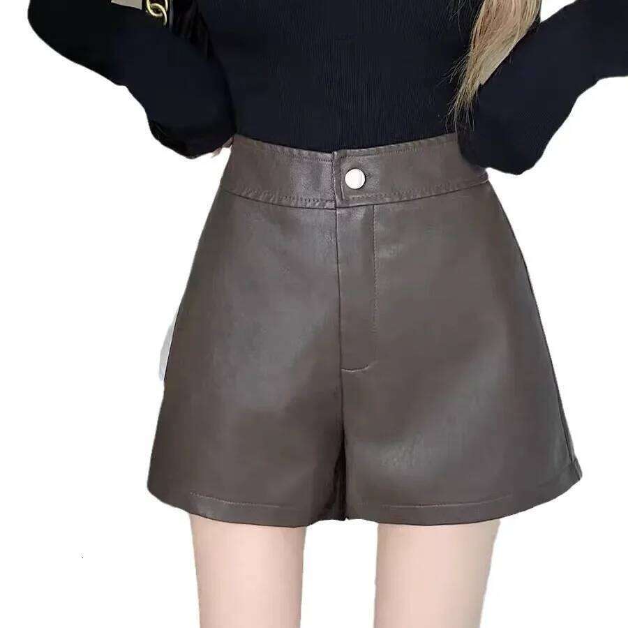 Black PU Leather Shorts Women's Autumn Winter Casual High Waist Slimming A- Line Wide Leg Short Outerwear Boot Pants XJ260206