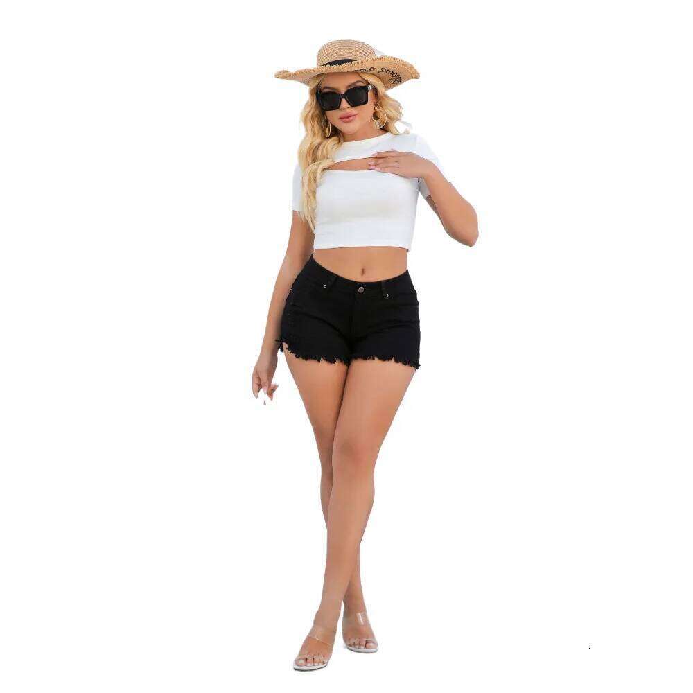 Summer New Casual Vintage Washed Distressed Solid Color High Waist Frayed Hem Denim Shorts Jeans Woman C260206