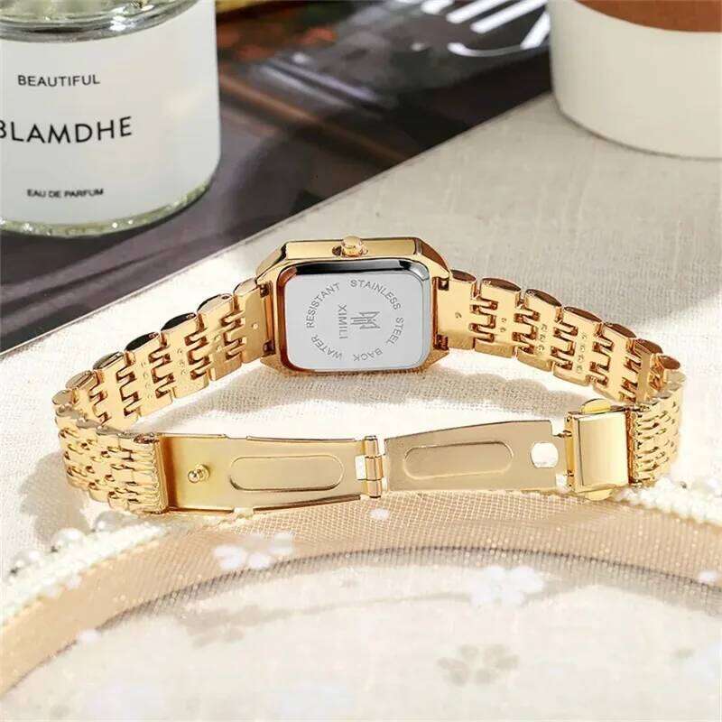 2025 Fashion Quartz Simple Square Silver Gold Plated Women's Watch Corporate Alloy Folding Clock Holiday Gift Z260206