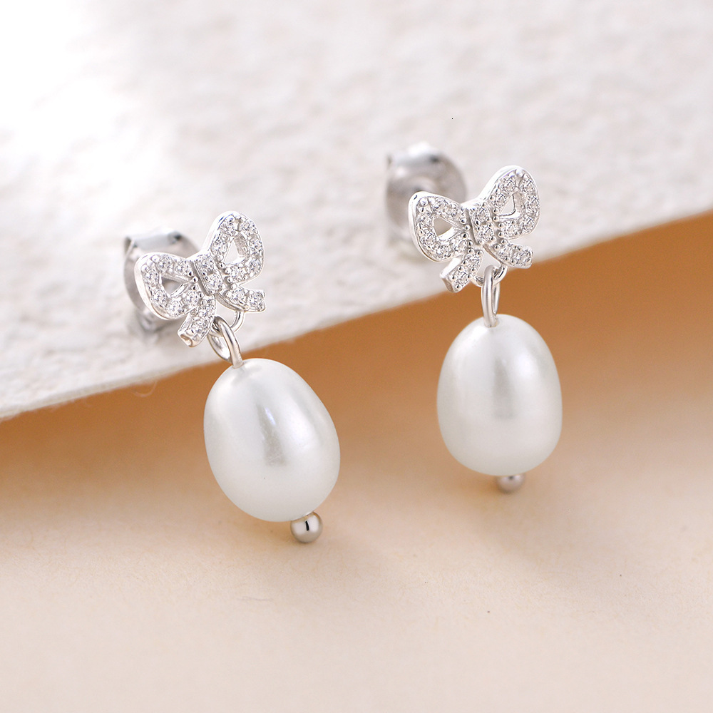 925 sterling silver elegant diamond-studded bow natural pearl for women, light luxury ins fresh style earrings