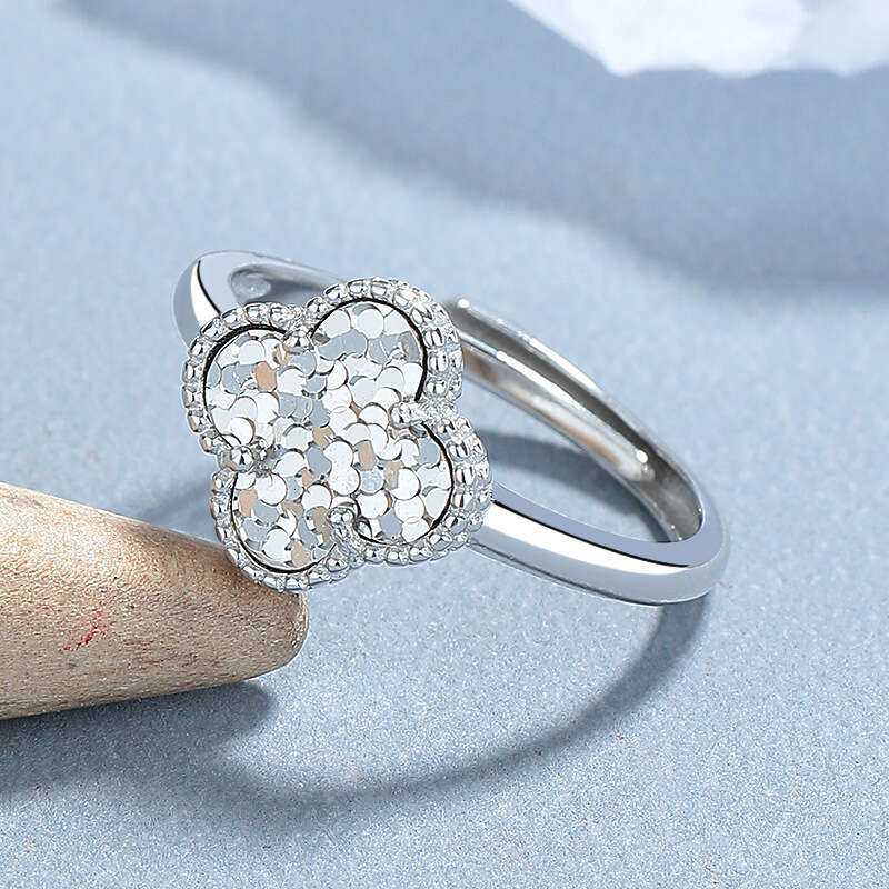 Crushed Ice Clover Ring Personalized Fashion Adjustable Open Ring Ins Style Jewelry for Women