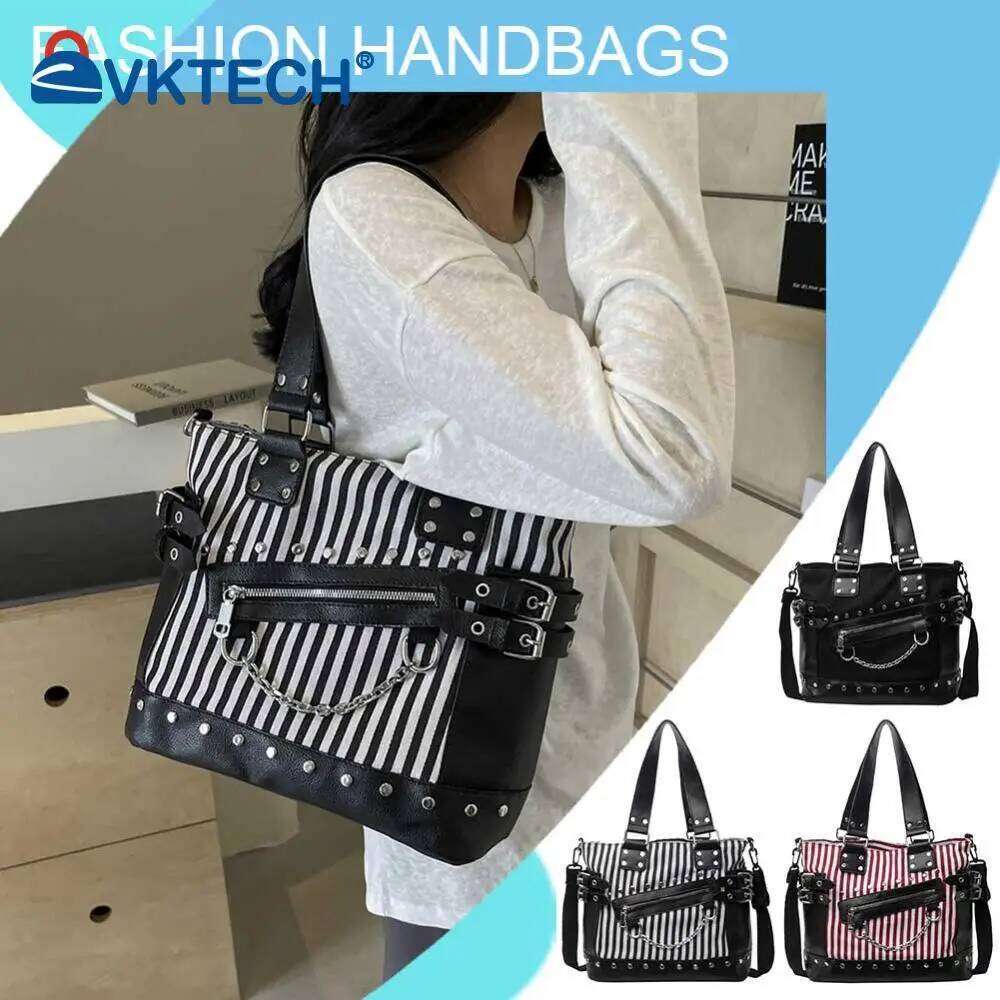 Women Rivet Shoulder Fashion Patchwork Large Capacity Canvas Tote Handbag Striped Adjustable Strap Cool Satchel Bag Y260205
