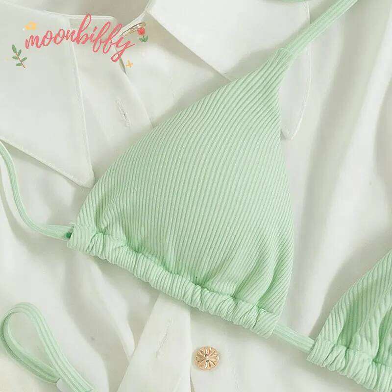 Special Pit Stripe Fabric Set Women Sexy Simple Solid Halter Bikini Swimsuit High Waisted Lace Up Beach Bathing Suit Z260206