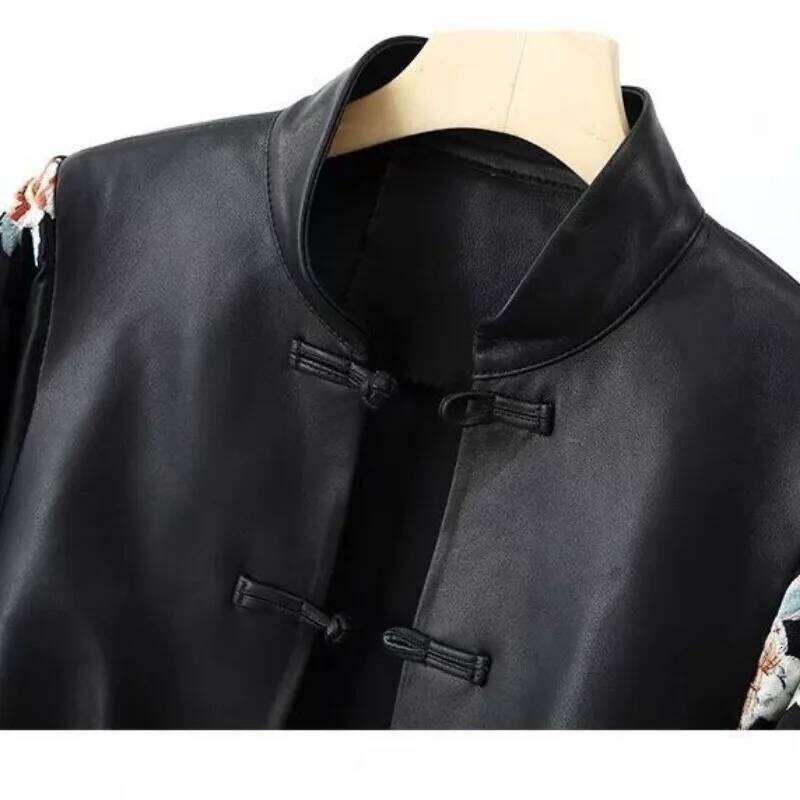 Embroidery Patchwork Jacket Women's Spring Autumn PU Leather Coat Long Sleeves Button Design Outerwear