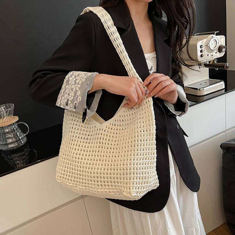 New Sweet Crochet Shoulder Leisure Beach Hollow Out Handbag Women Solid Color Woven Totes Bag For Travel Y260205