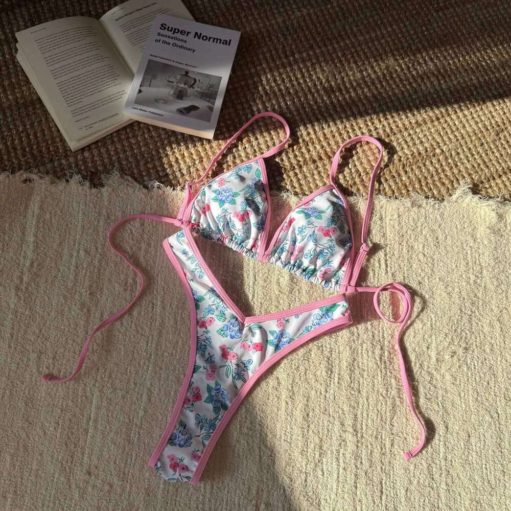 sexy flower print micro mini bikinis sets two pieces patchwork v-waist tie swimsuit bathing suit swimwear biquini tankini Z260206