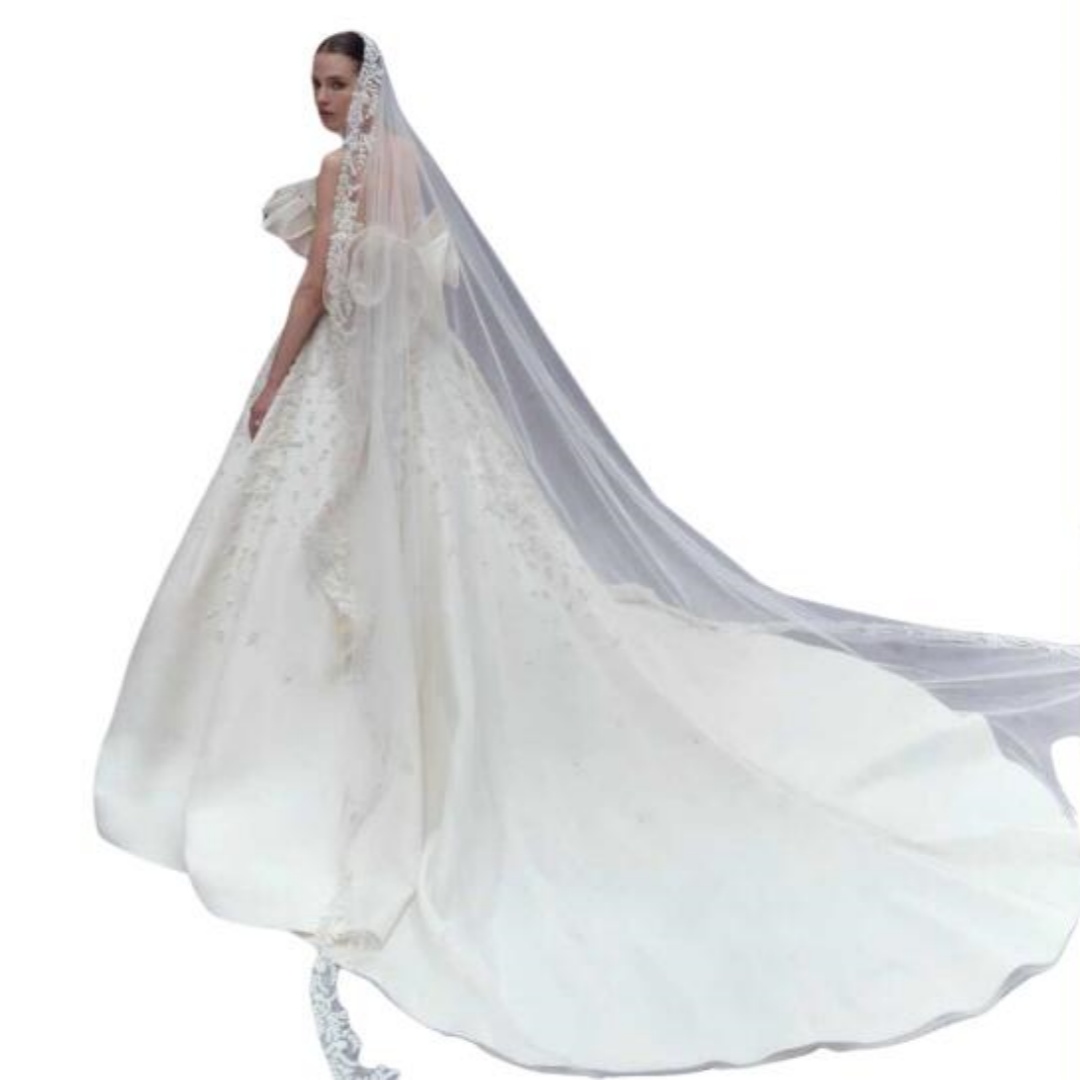 Elegant Wedding Veil Beading Lace Cathedral Length One Layer Bridal Veils Applique Edge For Bride Velo De Cabeza Customized