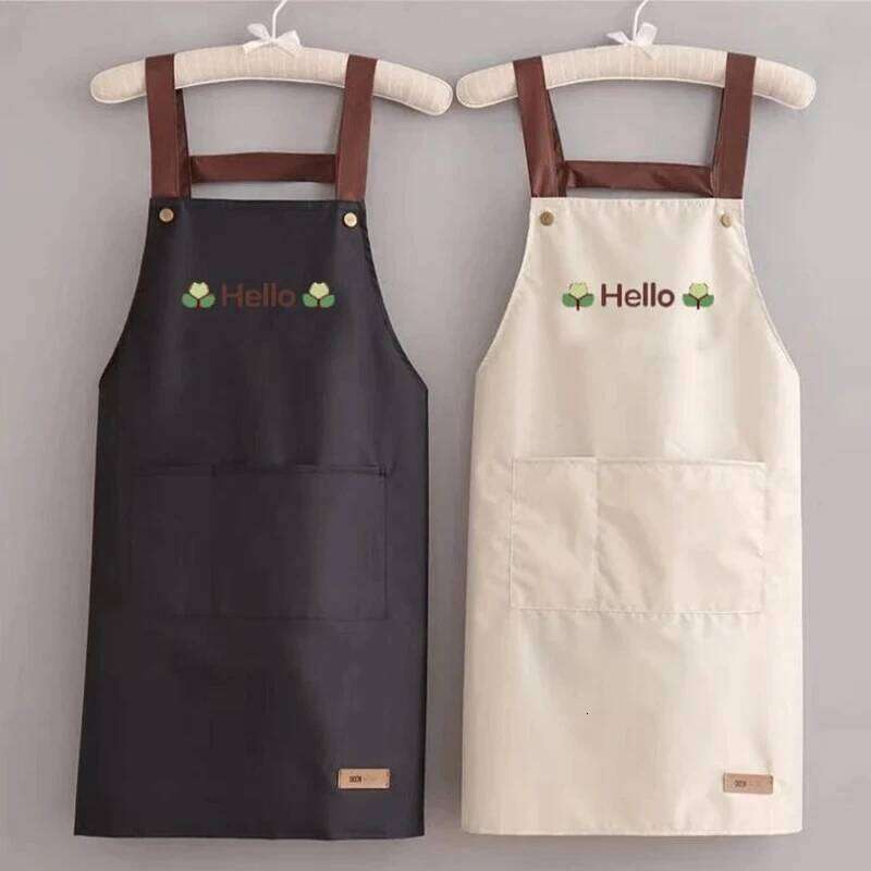 Hello Letter Printed Waterproof Apron Kitchen Cooking Home Large Pocket Storage Baking Shoulder Aprons Hotel Specific Practical S260205 3d8