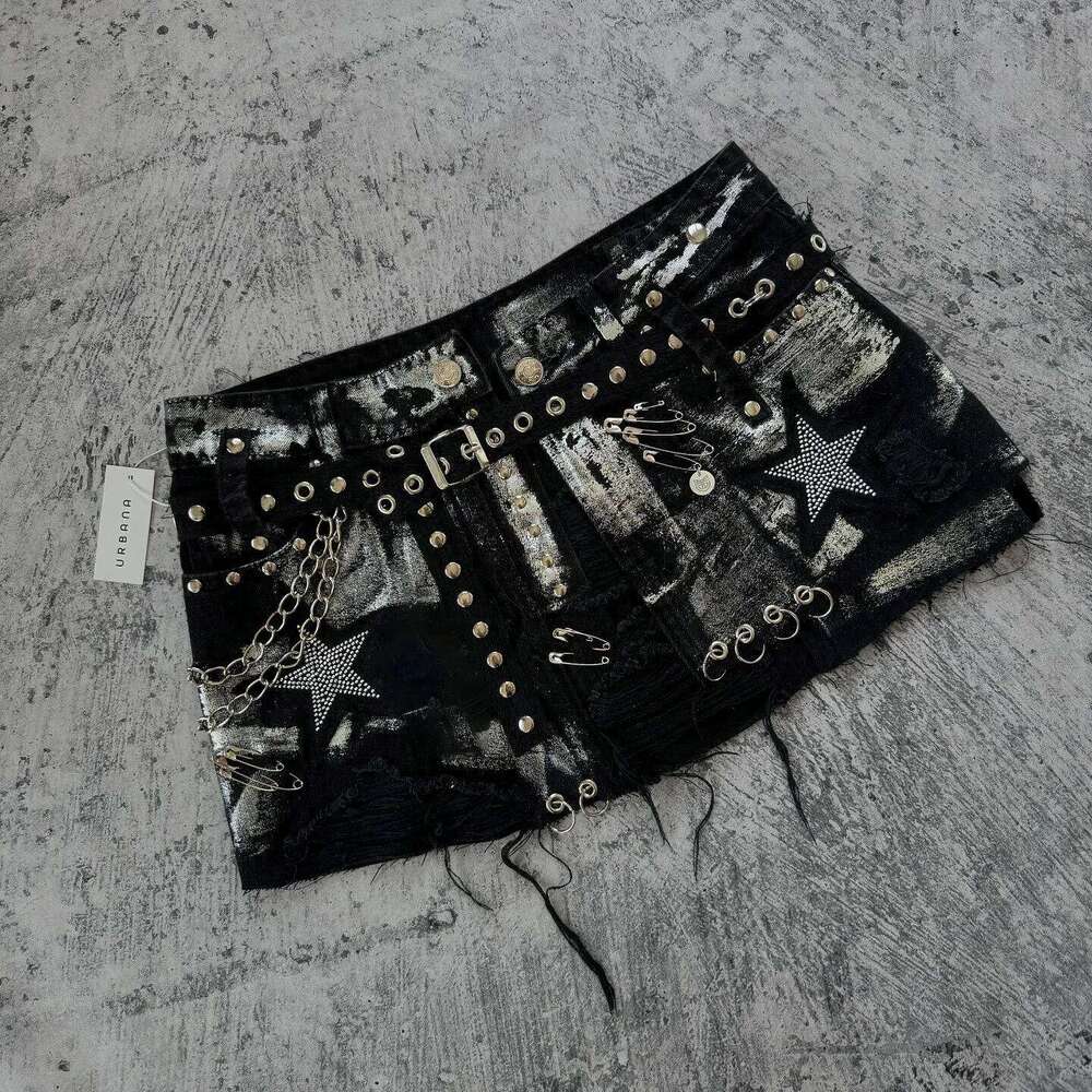 Shorts Women Y2K Harajuku Gothic Hip Hop Retro Washed Rhinestone Sequin Baggy Denim High Waist Slim Mini Short Skirt H260206