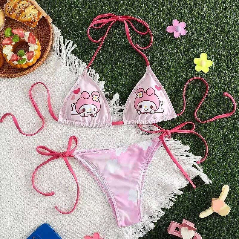 Swimsuit Hello Kitty Print Cute Girls Sexy Bikinis Set Bandage Sweet 2Pcs Micro Bikini Swimwear Women Bathing Suit Beach Summer Z260206