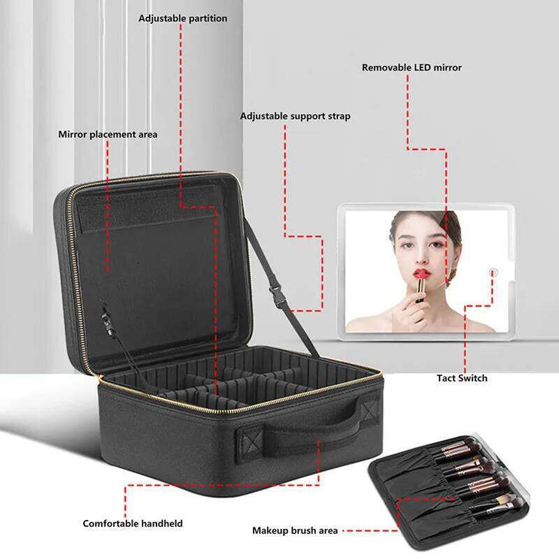 Smart LED Cosmetic With Mirror Travel Bag Large Capacity Female Beautician Skincare Product Makeup Case For Women Y260206