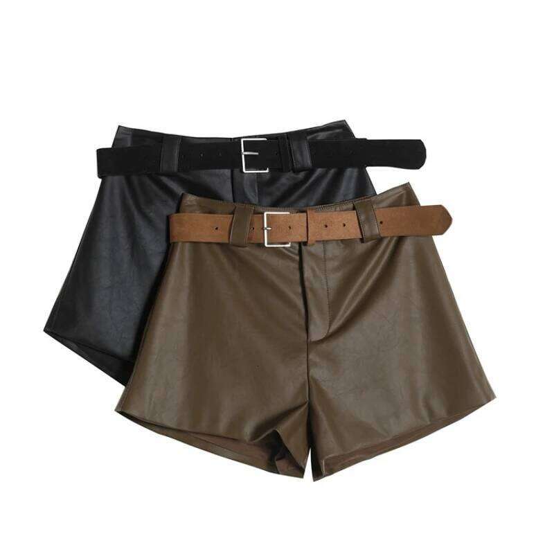 High Quality PU Leather Shorts Women Fall Winter High-waisted Wide-leg Boots with Belt Female Vintage A-line Short Pant 2025 XJ260206