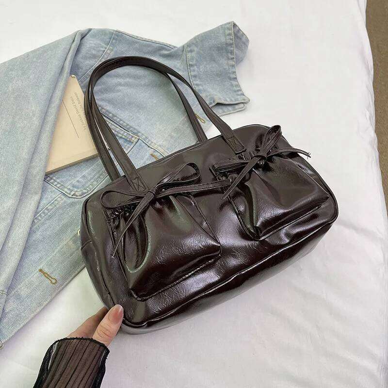 Chic Bowknot Leather Handbag Shoulder Bag, Multi-Color Stylish Totes Bags, Shiny, Versatile for Daily/Office/Date Outfits Y260205