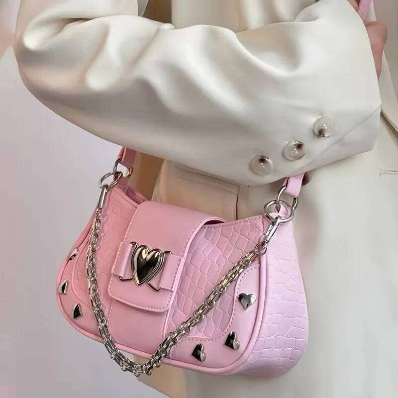 Fashionable Y2K Hot Girl Handbag, Motorcycle Style Solid Color Women's Bag, Commuting Heart Chain Shoulder Armpit Bags Y260205