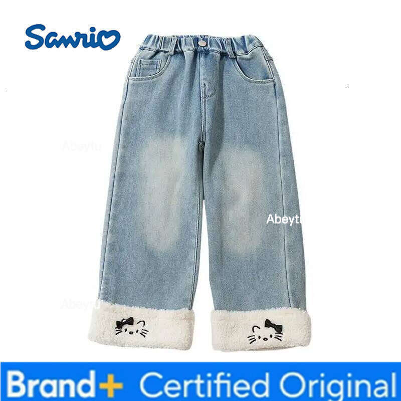 Sanrio Hot Y2K Girl Jeans Hello Kitty Kawaii Anime Autumn and Winter Student Keep Warm Long Pants Children's Clothing New Style H260206
