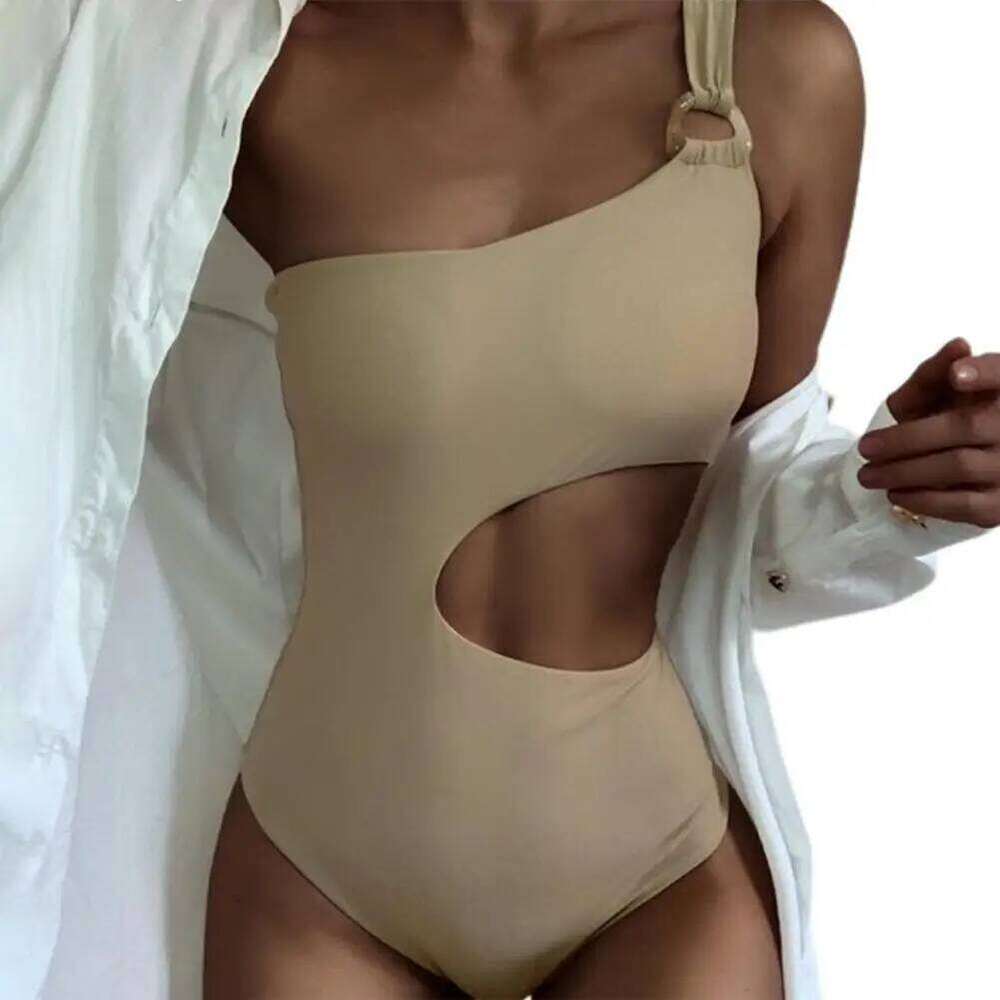Women Bikini Solid Color Single Shoulder One-piece Temperament Openwork Soft Swimwear Traingle Halter Designer Sense For Beach XJ260206