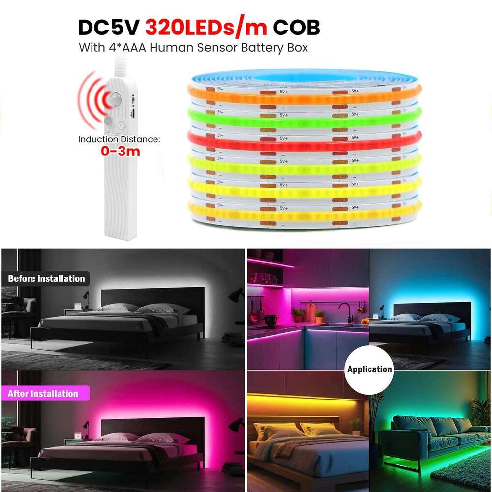 Motion Sensor Dimmerable COB Strip DC 5V 320Leds/M White/Red/Ice Blue/Pink/Yellow 0.5M-5M TV Backlight Ribbon Rope LED Light Z260206