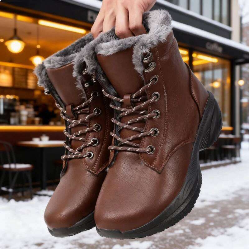 Popular Men's Winter Snow Warm Fur Lined Ankle Non-Slip Platform Boots Fashion Lace-Up Wide Toe Outdoor Sneakers Men