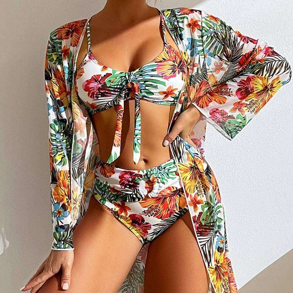 Sexy High Waisted 3 Pieces Floral Printed Swimsuit Size 3XL-S Women Bikini Set With Mesh Long-Sleeved Blouse Super Sales Z260206