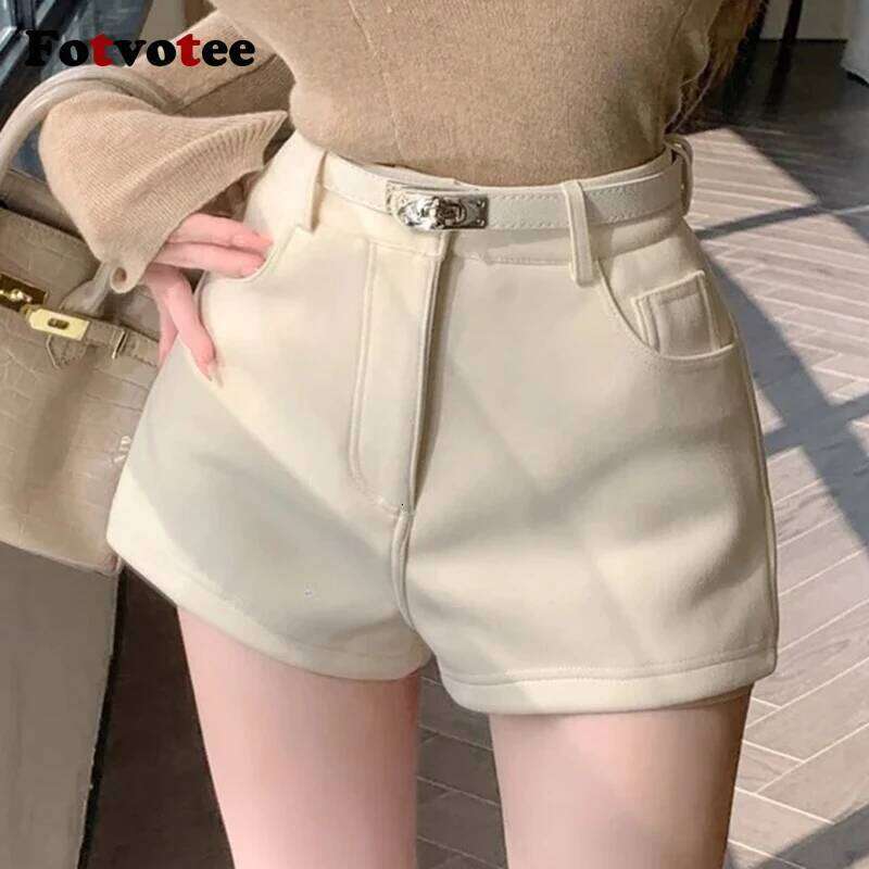 FOTVOTEE Fashion High Waisted Women Casual Solid Slim Short Pants with Belt 2025 New Retro All Match Simple Female Shorts XJ260206