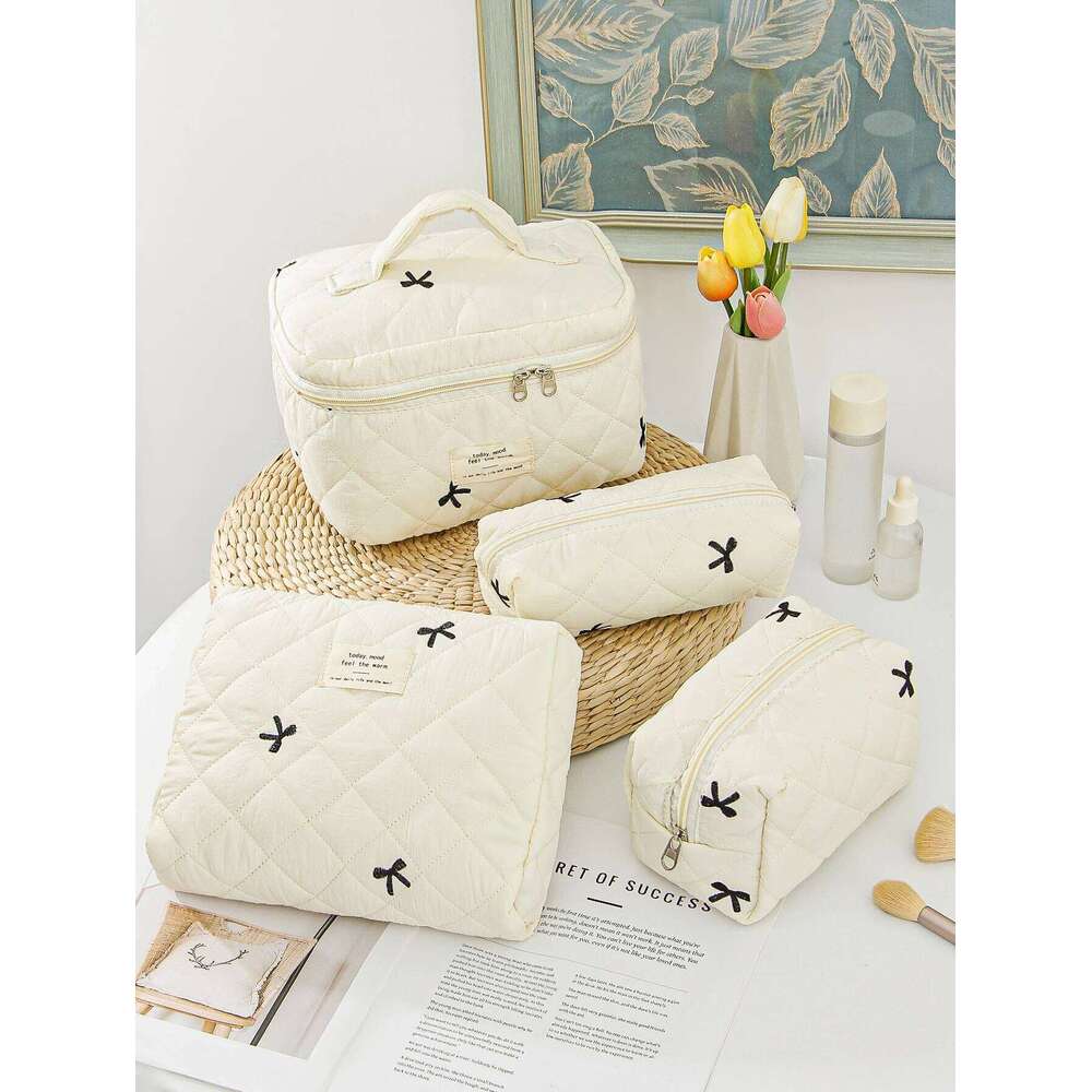 1pc/set beige bow quilted large capacity zipper bag, multifunctional travel storage makeup bag Y260206