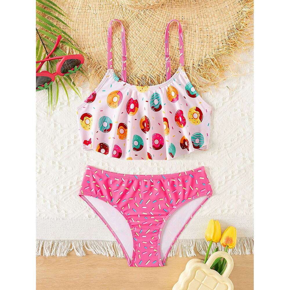 Donut Print Ruffle Deco Bikini Set Summer Beach Outdoor Cute 2-piece swimwear Contrast Adjustable Girls Kids Swimsuit XJ260206