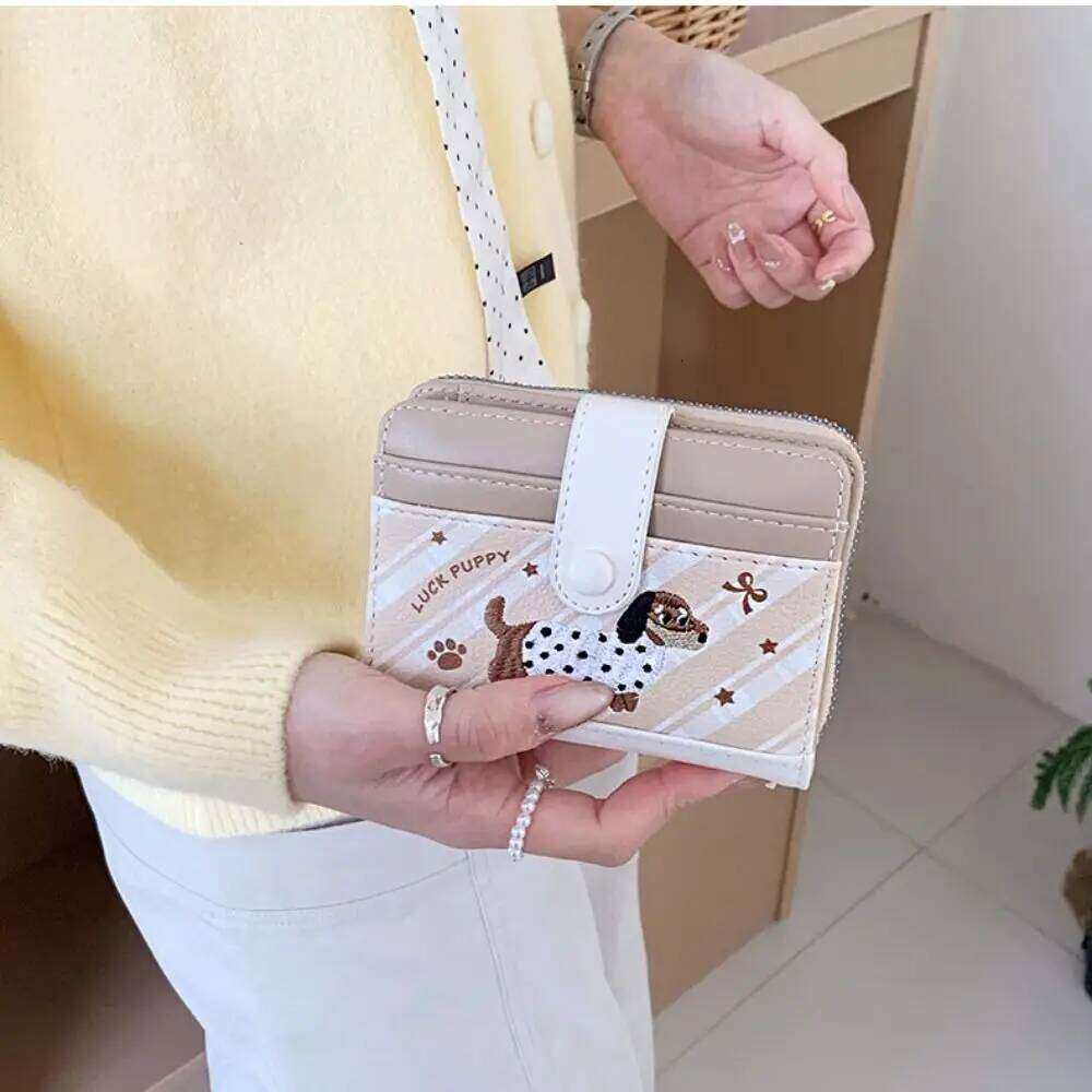 Portable Embroidery Dachshund Wallet Cute Multiple Sausage Dog Patterned Card Bag PU Leather Fashion Short Purse Daily Y260206