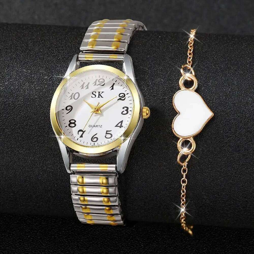 2PCS/Set Fashion Arabic Dial Women Watches Elastic Band Ladies Quartz Wristwatches Heart Bracelet Set Reloj MujerWithout Box Z260206