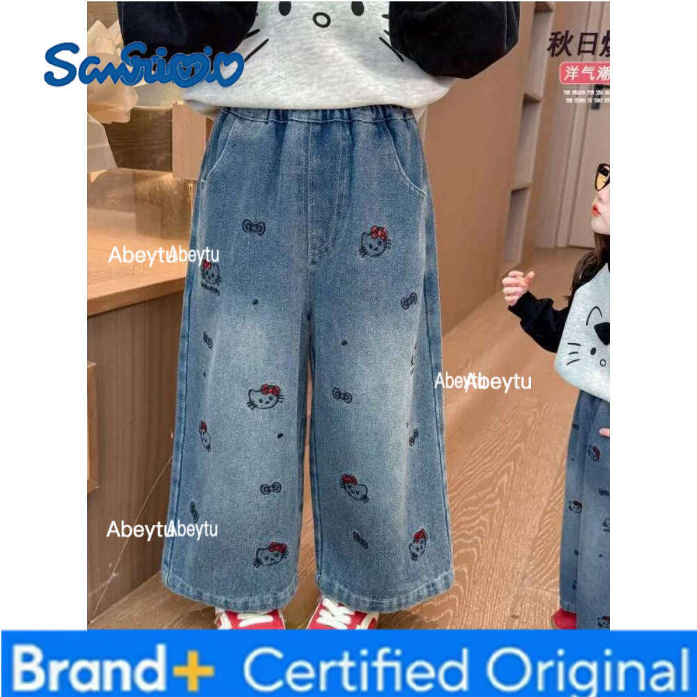 Sanrio Girls' Spring Hello Kitty Autumn Casual Jeans 2025 New Style Straight Pants Children Western Fashion Korean Edition Tops H260206