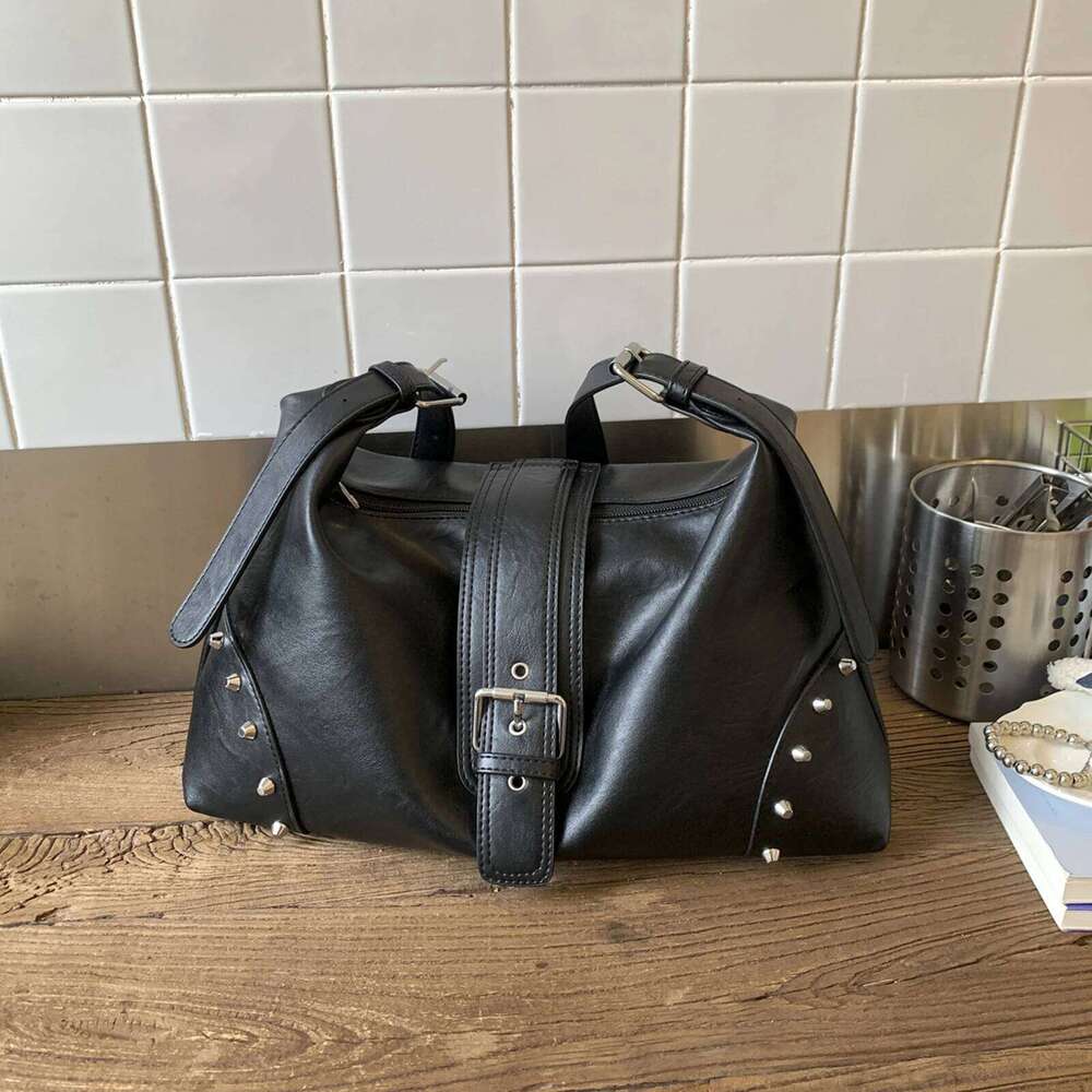 Retro Motocycle Shoulder Rivet Crescent Hobo PU Top-Handle Tote Bag with Belt Buckle for Women Work Travel Daily Use Y260205