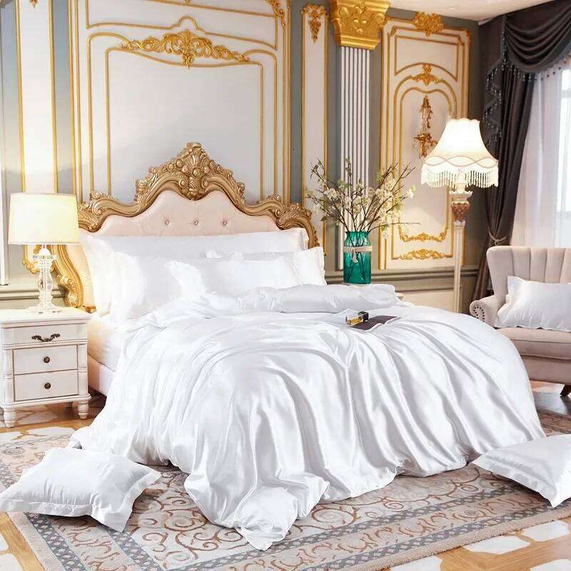 Solid Color Bedding Set with Silk Duvet Cover Bed Sheet Pillowcase Luxury Satin Bedsheet King Queen Double Twin Size XJ260206
