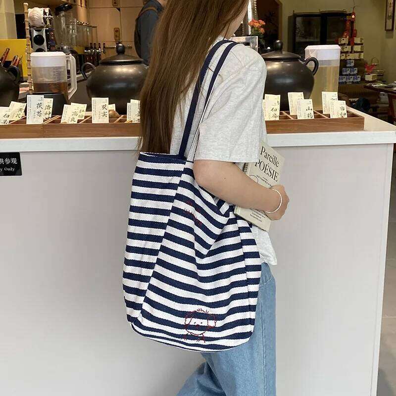 New Bag Two Sides Back Embroidery Canvas Korean Simple Tote Leisure Shoulder Large Capacity Bags Y260205