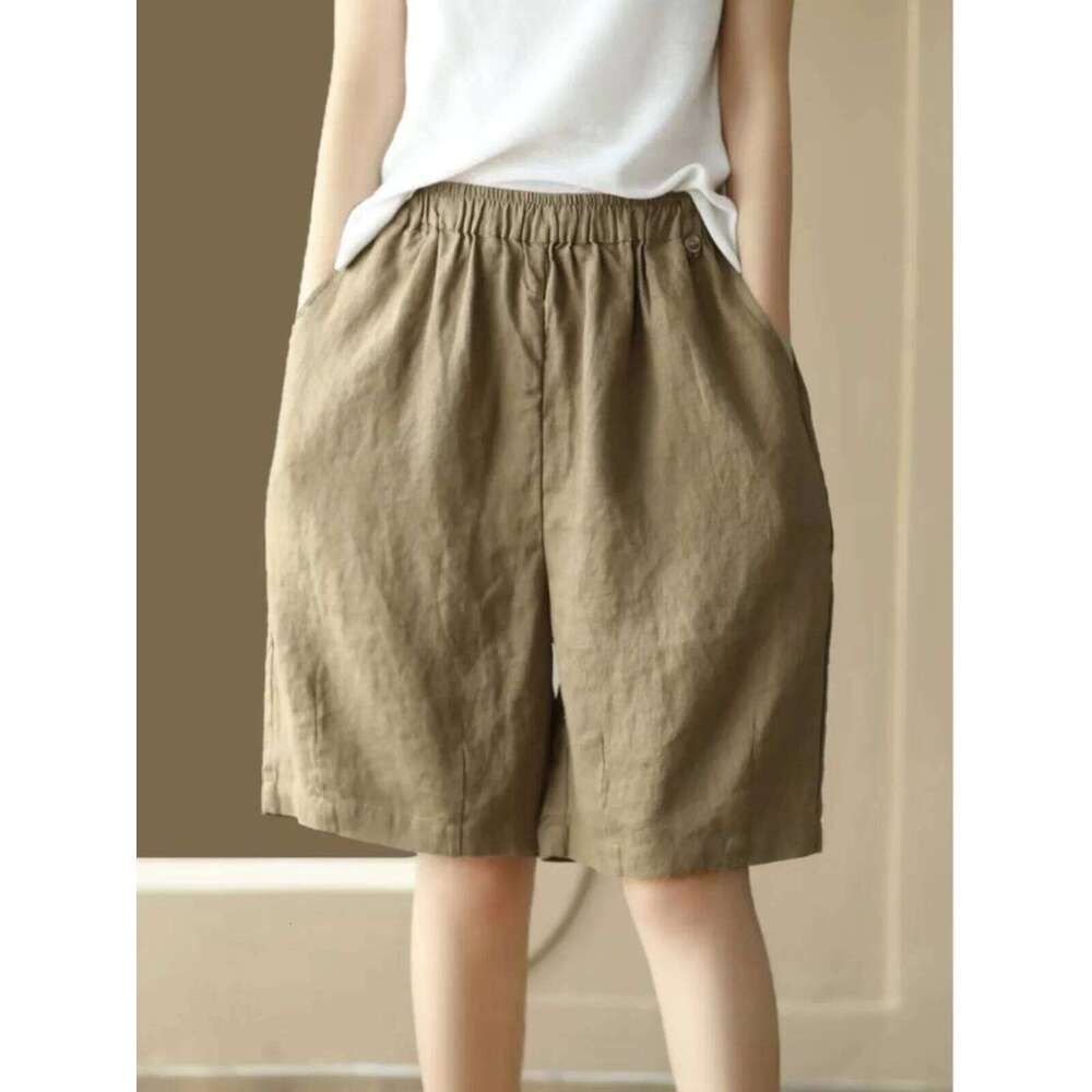 High Straight Cotton Linen ort Pants Women's Elastic Waist Slim A-Line Casual Mid-Thigh Thin Wide Leg orts XJ260206