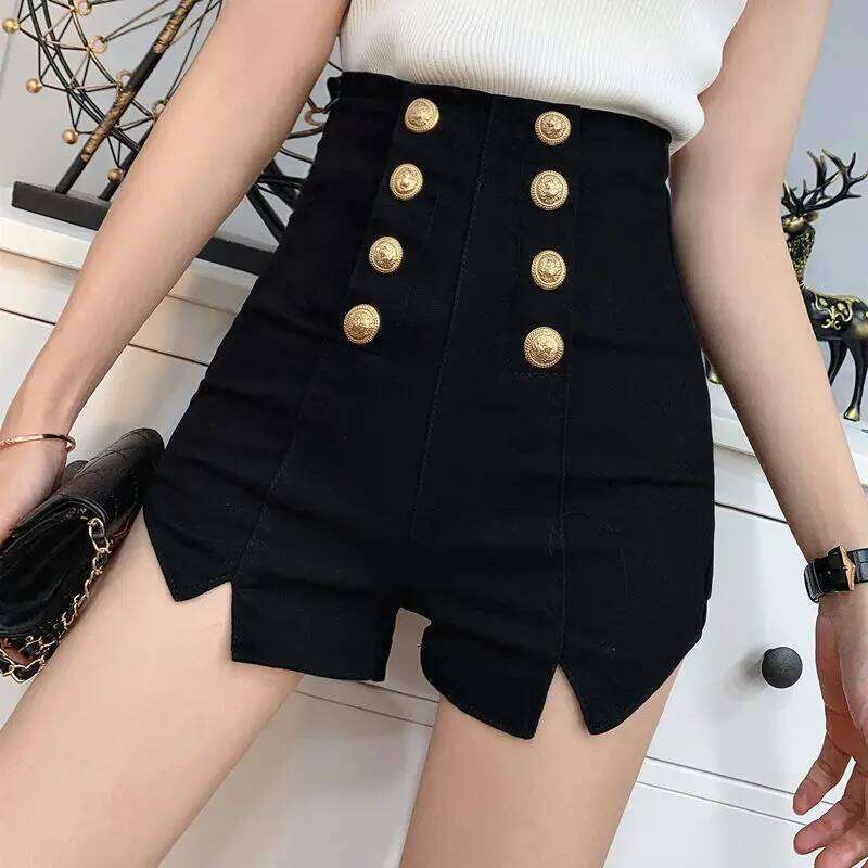 Summer New Korean Double Breasted Black A-line Shorts Women High Waisted Pockets Sexy Trendy Straight Thin Short Pants 2024 XJ260206