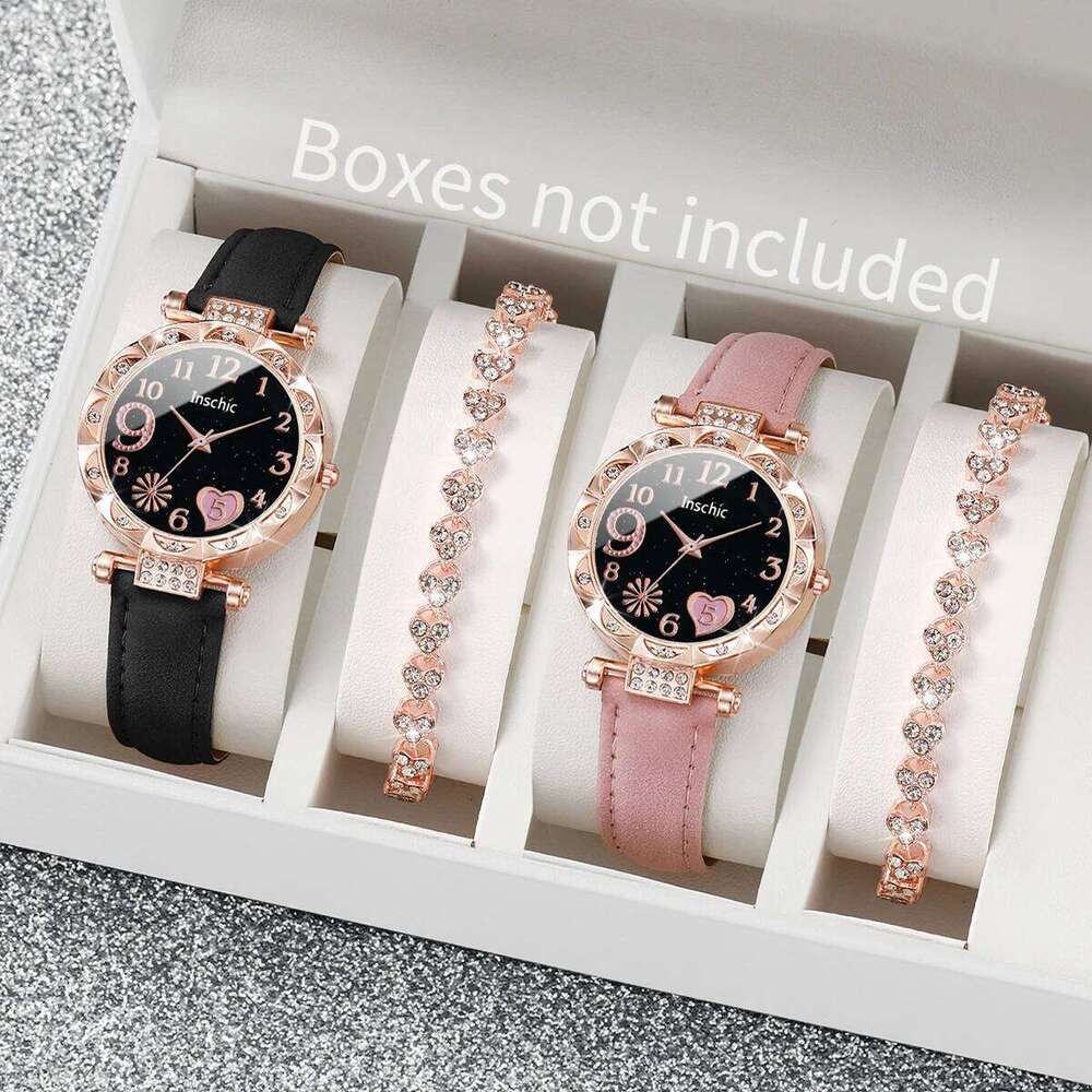 2/4/6PCS Fashion Rhinestone Women Watches Heart Dial Quartz Watch Casual Leather Band Wristwatches Bracelet SetWithout Box Z260206