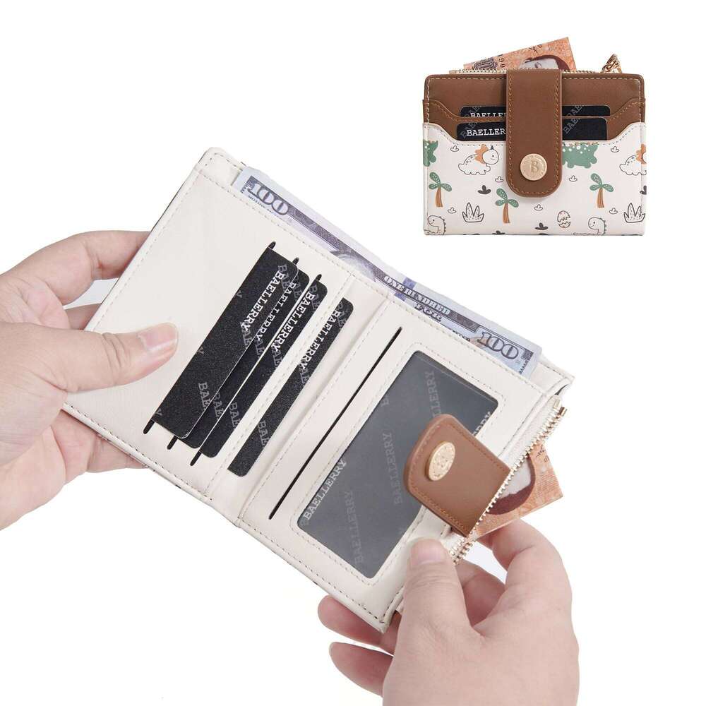 1Pcs Women's Cartoon Dinosaur Animal Print Short Wallet, with Top Zipper Coin Pocket and Snap Button, Multi-Card Slot Fashion Wallet Y260206