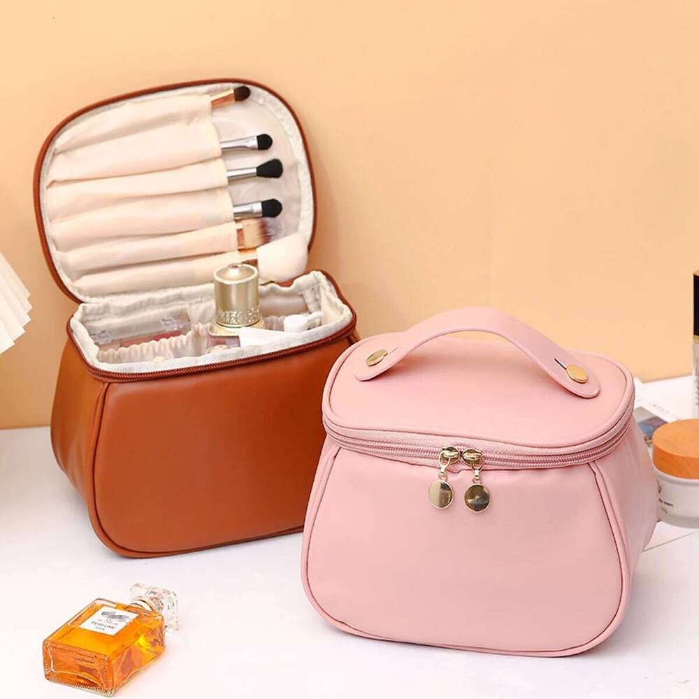 Portable PU Makeup Bag, Large Waterproof Cosmetic Pouch, Travel Washbag With Handles Y260206