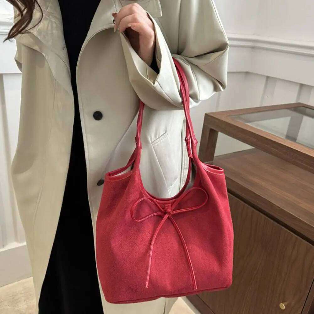 Simple Elegant Bow Tie Shoulder Korean Style Bowknot Retro Underarm All-match Lightweight Wool Tote Bag Women Y260205