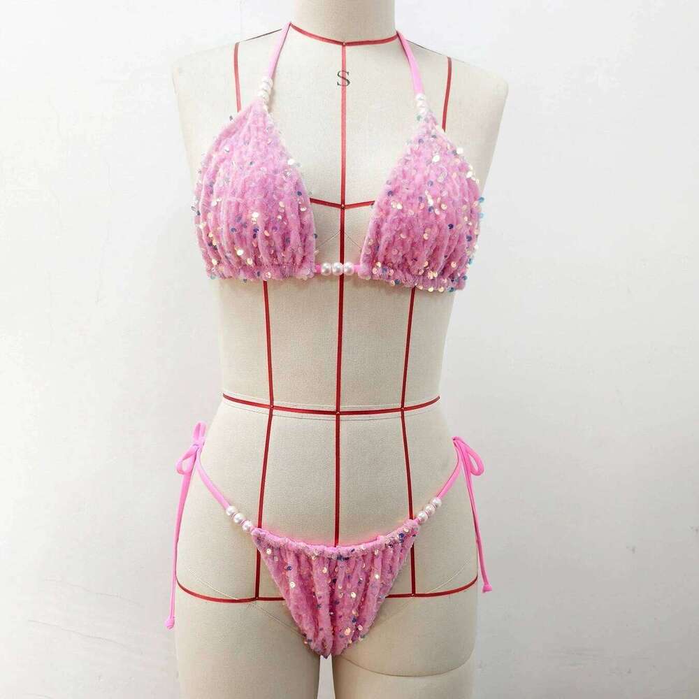 Melphieer Summer Beach Women Blue Pink Sparkle Sequins Pearls Bikinis 2pcs Bikini Set Swimwear Swimming Bathing suits Z260206