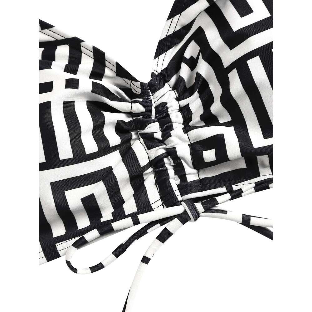 Women's Summer Geometric Print Three-Piece Swimsuit Set Long Sleeve Beach Cover-Up, Polyester Knit Fabric with Elasta Z260206