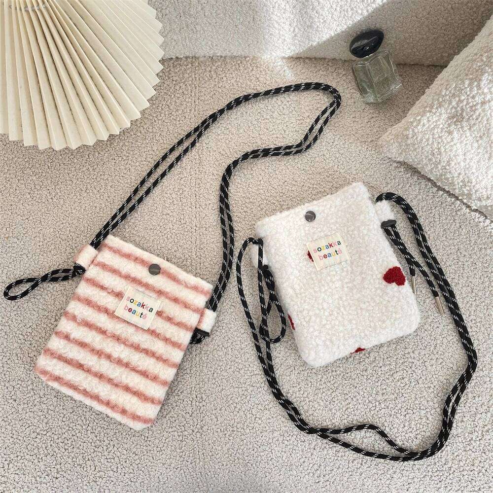 Women Crossbody Bag Striped floral Mobile Phone Cute Mini Wallets Plush Shoulder Bags 2025 Autumn Winter Coin Purse XJ260129