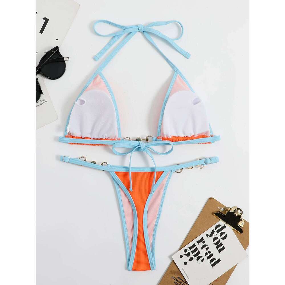2023 New Sexy Ribbed Set Pearl Swimwear Women Swimsuit Female Halter Strappy Bikini Patchwork Bathing Suit Beachwear Swim Z260206