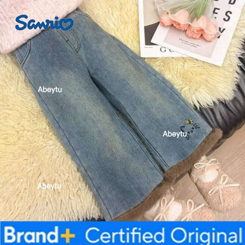 Sanrio Hello Kittys Girls Jeans Autumn Winter New Wide Leg Pants Leisure Fashion Keep Warm Plus Velvet Kawaii Cartoon H260206