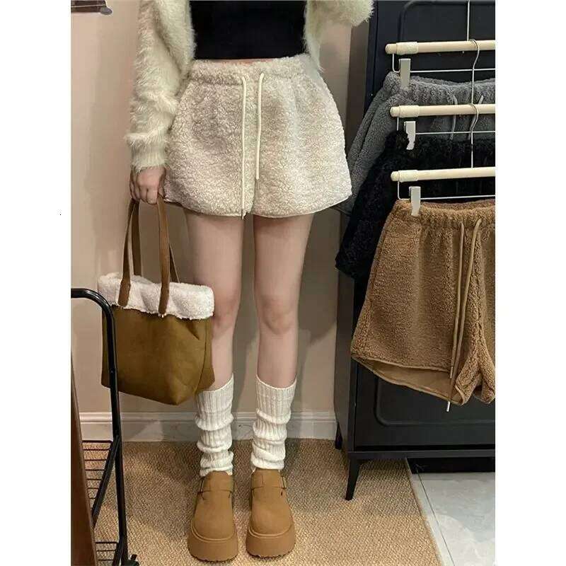 New Idle Style Elegant Lamb Wool Drawstring Shorts Women's Winter High-Waisted Loose-Fit Warm Casual Heat Pants XJ260206