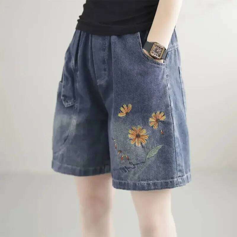 Vintage Jeans Women Summer Floral Embroidery Elastic High Waist Denim Design Wide Leg Trousers Blue Black Shorts XJ260206