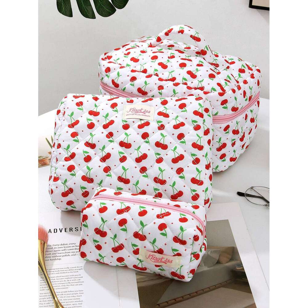 3-piece green leaf and big cherry quilted essential travel bag, cute large-capacity makeup bag Y260206