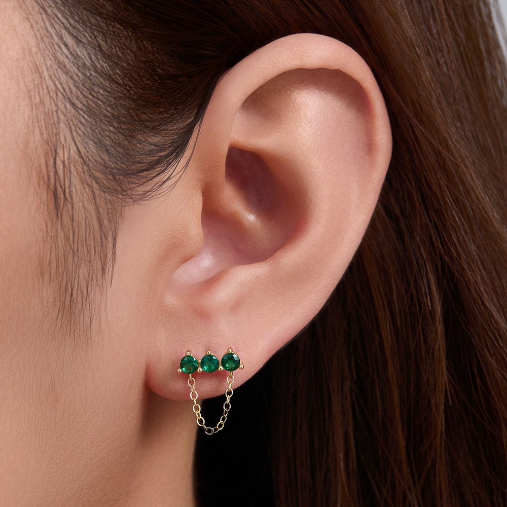 s925 sterling silver emerald green zircon simple and unique chain tassel earrings, trendy earrings