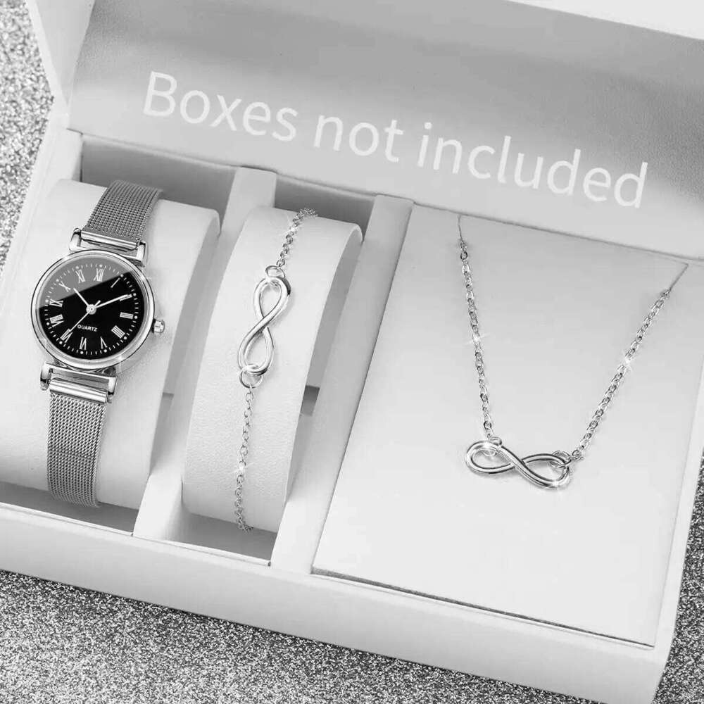 3PCS Fashion Roma Dial Women Watches Silver Mesh Band Quartz Wristwatches Jewelry Set Reloj MujerWithout Box Z260206