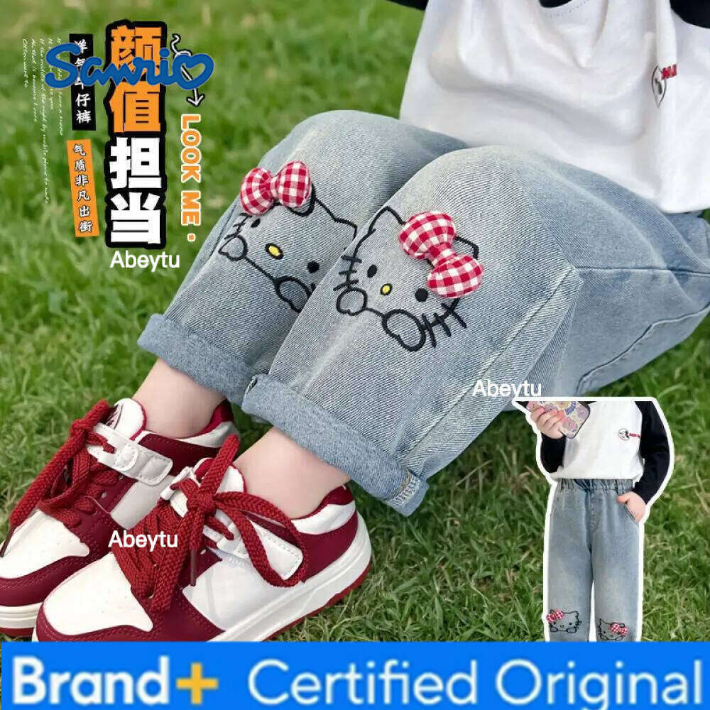 Sanrio Hello Kittys Korean Graffiti Straight Leg Wide Jeans Spring Autumn Cartoon bow Embroidery trousers Hot harem pants Girls H260206